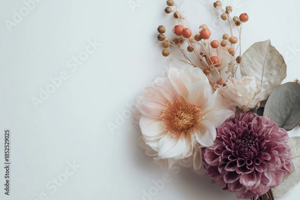 Fototapeta Soft Floral Abstract Accents Flat Lay White Background