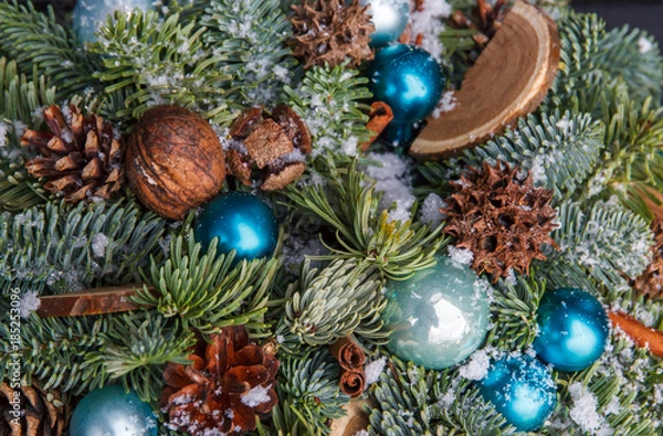 Fototapeta Beautiful designer Christmas tree with ornaments closeup background