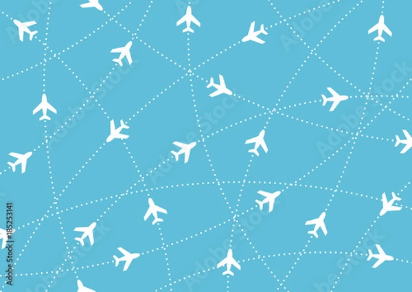 Fototapeta Airplane routes. Air travel. Air traffic silhouette. White airplanes isolated on blue background. Web site page and mobile app design element.