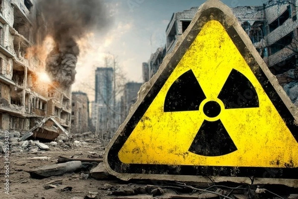 Obraz Warning sign indicating radiation danger at a devastated site.