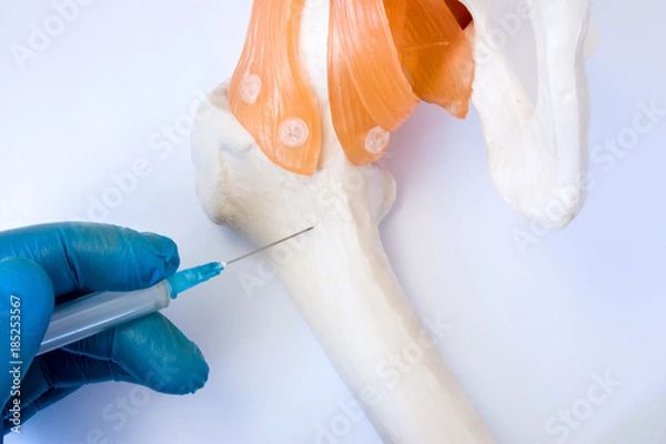 Fototapeta Bone marrow examination procedure: biopsy, aspiration or paracentesis concept photo. Doctor holds in hand dressed in glove syringe needle and puncture model of hip bone to take analysis of bone marrow