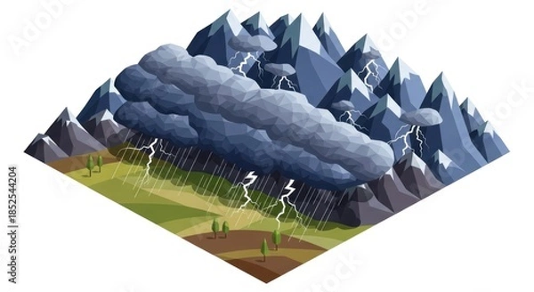 Obraz Dramatic Mountain Storm with Lightning and Rain over Forested Slopes.