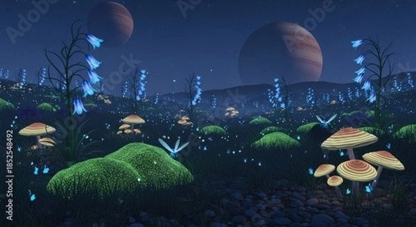 Obraz Alien Landscape with Glowing Flora and Distant Planets.