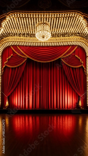 Obraz 高級感のある赤いベルベットカーテンの背景素材、シャンデリア