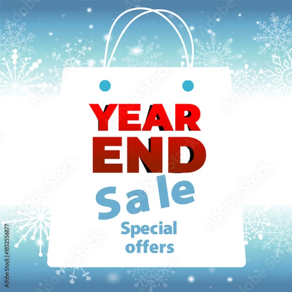 Obraz Editable text vector banner for year end sale promotion with snowflakes on winter background. Text is not outlined. Fonts are not included. Clean modern layout for websites ads and social media.