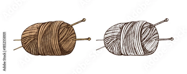 Obraz Hand drawn vintage sketch of yarn skein with knitting needles in brown and monochrome versions, isolated vector illustration