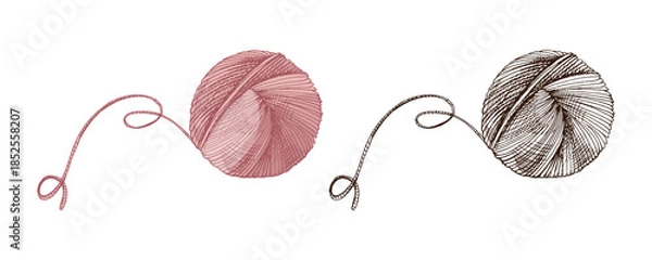 Obraz Hand drawn vintage sketch of yarn ball with long string in rose and monochrome version, isolated vector illustration