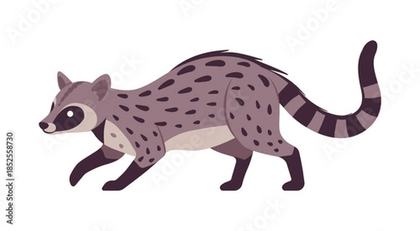 Obraz Civet cute palm animal sneaking pose. Agile, arboreal toddy cat, greyish colour, black spots musang funny tropical Asia, Africa creature, zoo, amazing wild life. Vector flat style cartoon illustration