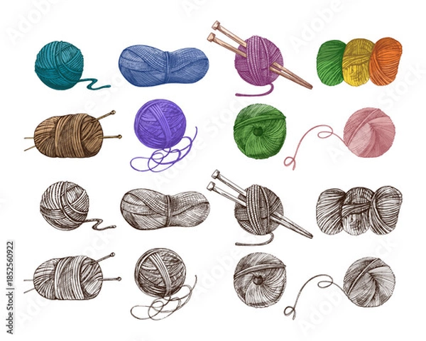 Obraz Hand drawn vintage sketch of colorful and monochrome yarn balls with knitting needles, vector illustration on white