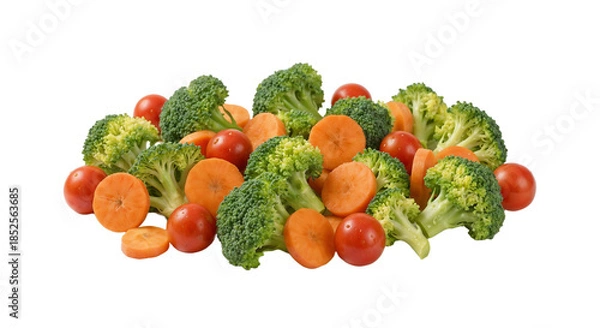 Obraz Fresh broccoli and carrots with cherry tomatoes arranged in a pile on a white background during daytime