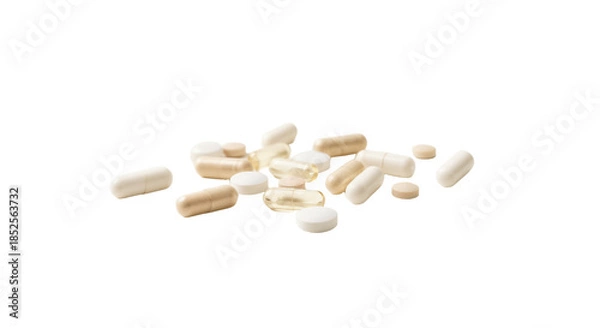 Obraz Various pills and capsules on a plain background arranged in different positions during afternoon light