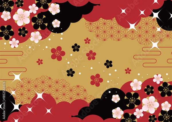 Obraz 金地に雲と花和背景、超シンプル、かわいい、イラスト、横