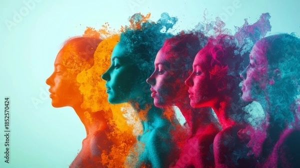 Obraz A stunning blend of colors captures the essence of transformation. Each profile exudes a unique energy. This artwork evokes movement and creativity. Generative AI
