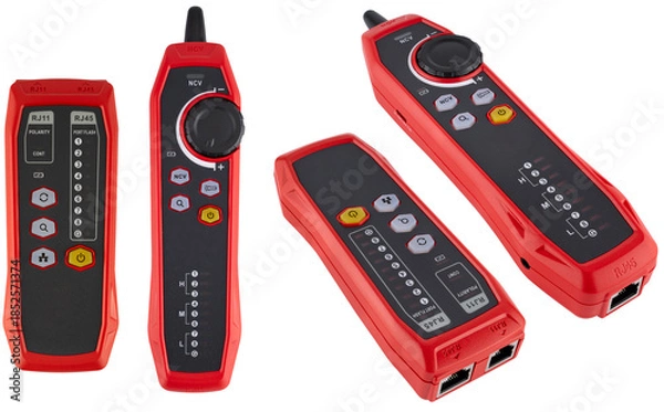 Obraz Red internet cable tester with two blocks and sequential wire indication. On a white background