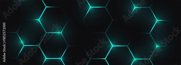Obraz Dark hexagonal abstract technology background with blue colored bright flashes under hexagon. Honeycomb gaming vector tech wide illustration.