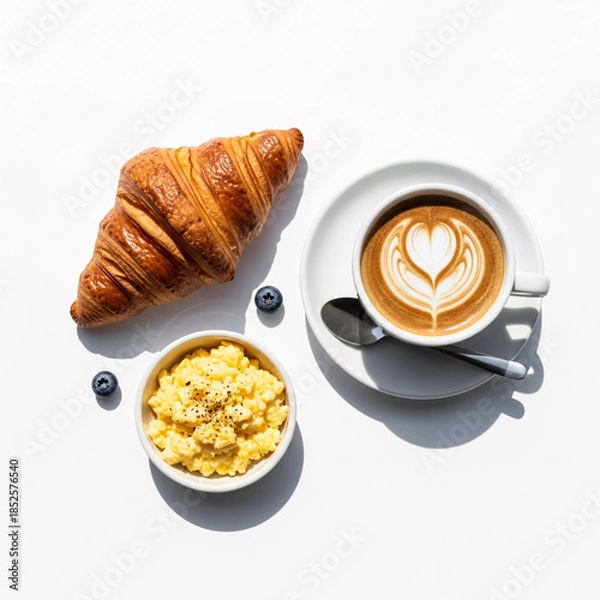 Obraz Delicious Breakfast with Croissant, Scrambled Eggs, and Coffee