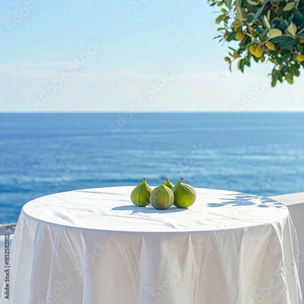 Obraz Fresh figs on a white table overlooking the ocean