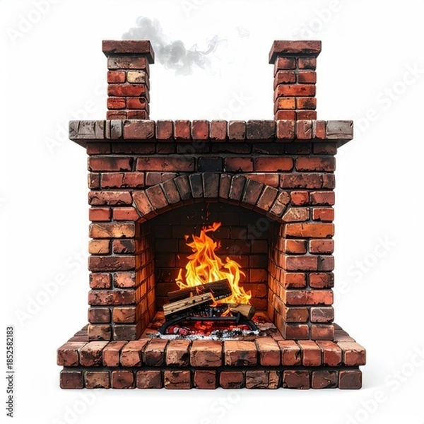 Obraz Rustic brick fireplace, burning wood