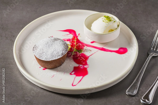 Obraz Warm chocolate lava cake with flowing center and powdered sugar