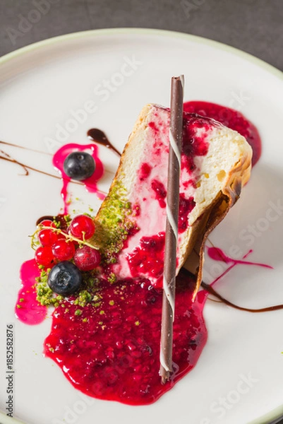 Obraz Cheesecake slice topped with fresh berries and vibrant sauce