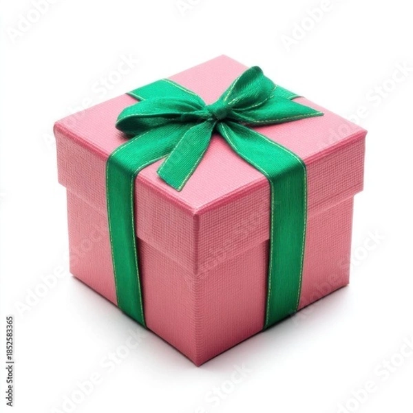 Fototapeta Elegant pink gift box tied with green ribbon, isolated on white.