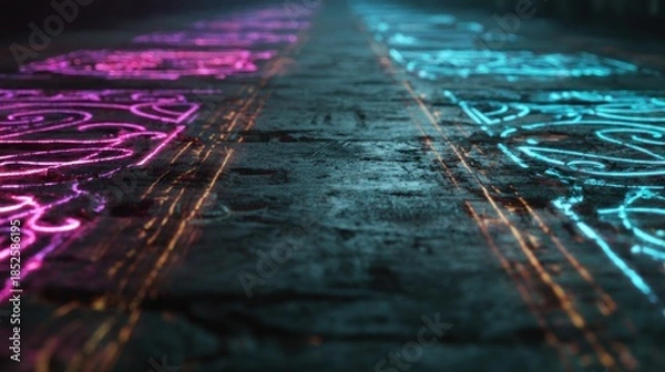 Obraz Abstract glowing geometric patterns on dark textured surface