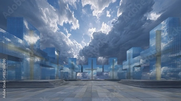 Obraz Abstract architectural landscape featuring mirrored skyscrapers and dramatic sky