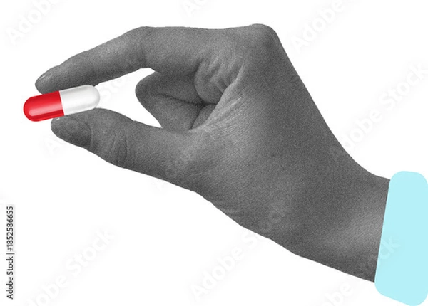 Obraz halftone collage hand holding pill 