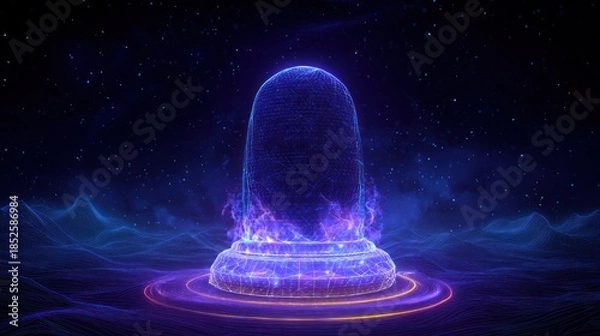 Obraz Abstract futuristic design with glowing dome and digital flame effects on dark background