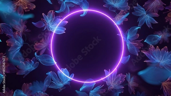 Obraz Abstract floral neon lights design with circular space for text