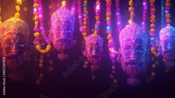 Obraz Abstract artwork of face sculptures with colorful string garlands dark background