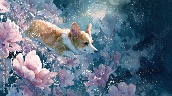 Obraz Corgi dog floating in a fantasy world with beautiful flowers watercolor