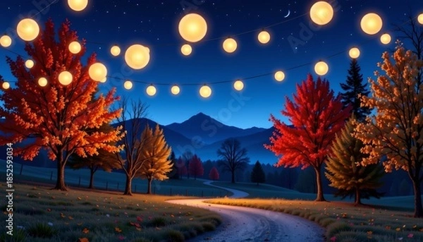 Fototapeta Enchanted Autumn Night Path with Floating Lights