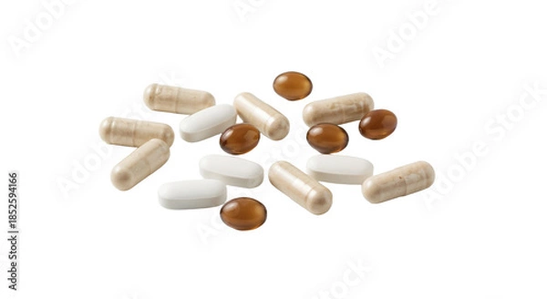 Obraz Different types of pills and capsules arranged on a plain background for health and wellness purposes