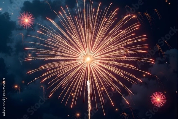 Obraz Bright fireworks explode in the night sky.