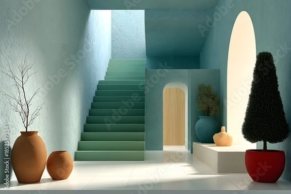 Obraz Several decorative vases and a sculpted plant stand in a minimal, pastel-colored hallway with stairs and archways.