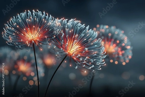 Obraz Several glowing, futuristic dandelion-like flowers illuminate the dark, misty night.