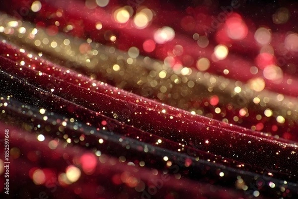 Obraz Tiny golden and red glittering particles sparkle on soft, wavy fabric.