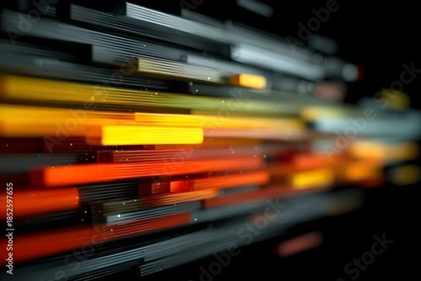 Obraz Colorful glowing rectangular bars extend diagonally across a dark background.