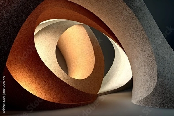 Obraz Curved abstract paper-like structures form overlapping arches with warm and cool lighting.