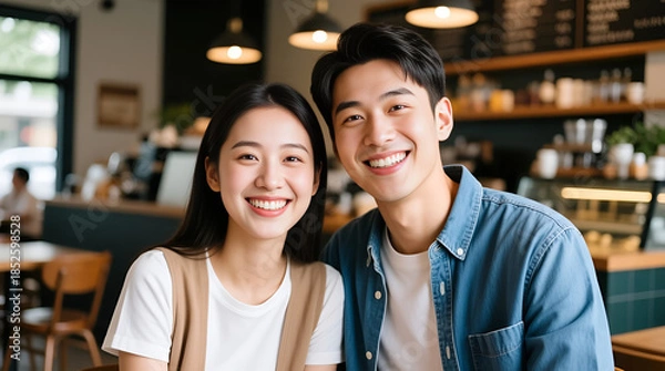 Obraz Young couple smiling in cafe interior enjoying time together
