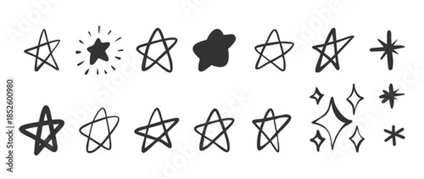 Obraz Star Sparkles Hand Drawn Doodle Icons Set in Sketch Style. Black Ink Stars, Sparkles and Abstract Star Shapes for Collage, Decorative Stickers, Kids Design, Branding. Vector Elements