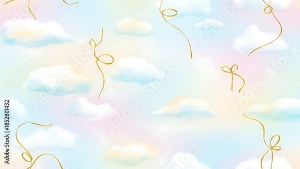 Obraz whimsical pastel clouds with ribbons floating.