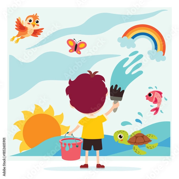 Obraz Kid Painting Nature Scene On Wall
