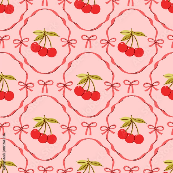 Obraz Seamless pattern with cherries, bows, and ribbon frames. Vector graphics.
