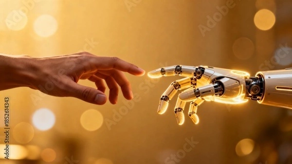 Obraz Human hand and robotic hand reaching