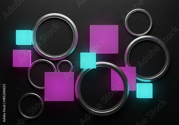 Obraz Neon geometric forms, vibrant composition on a deep dark background