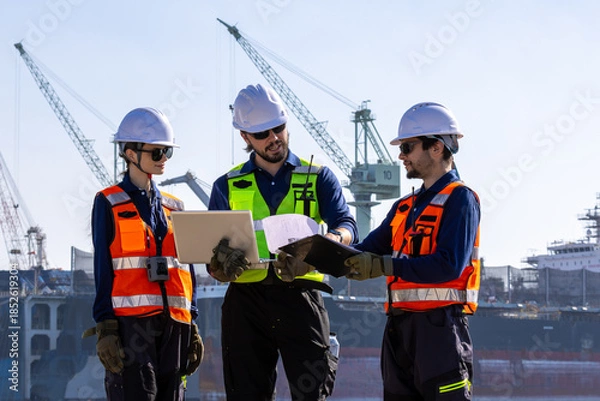 Obraz group of industrial engineers workers in a refinery - oil and gas processing equipment and machinery, engineers collaborate with a laptop, blueprint, and digital tablet at the oil storage tanks site.