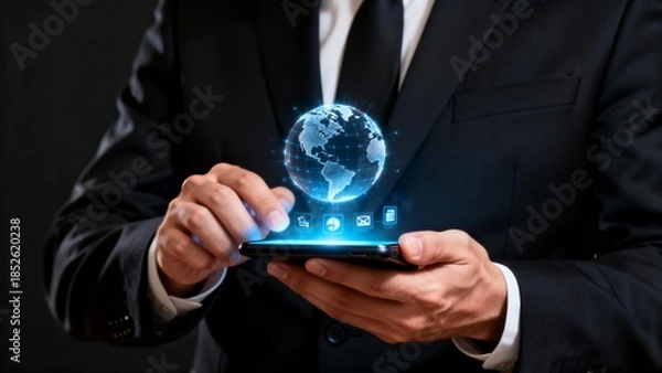 Obraz Businessman using smartphone with digital globe