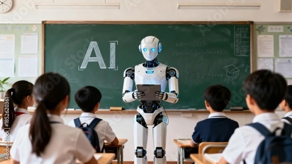 Obraz Robot teacher in classroom with students